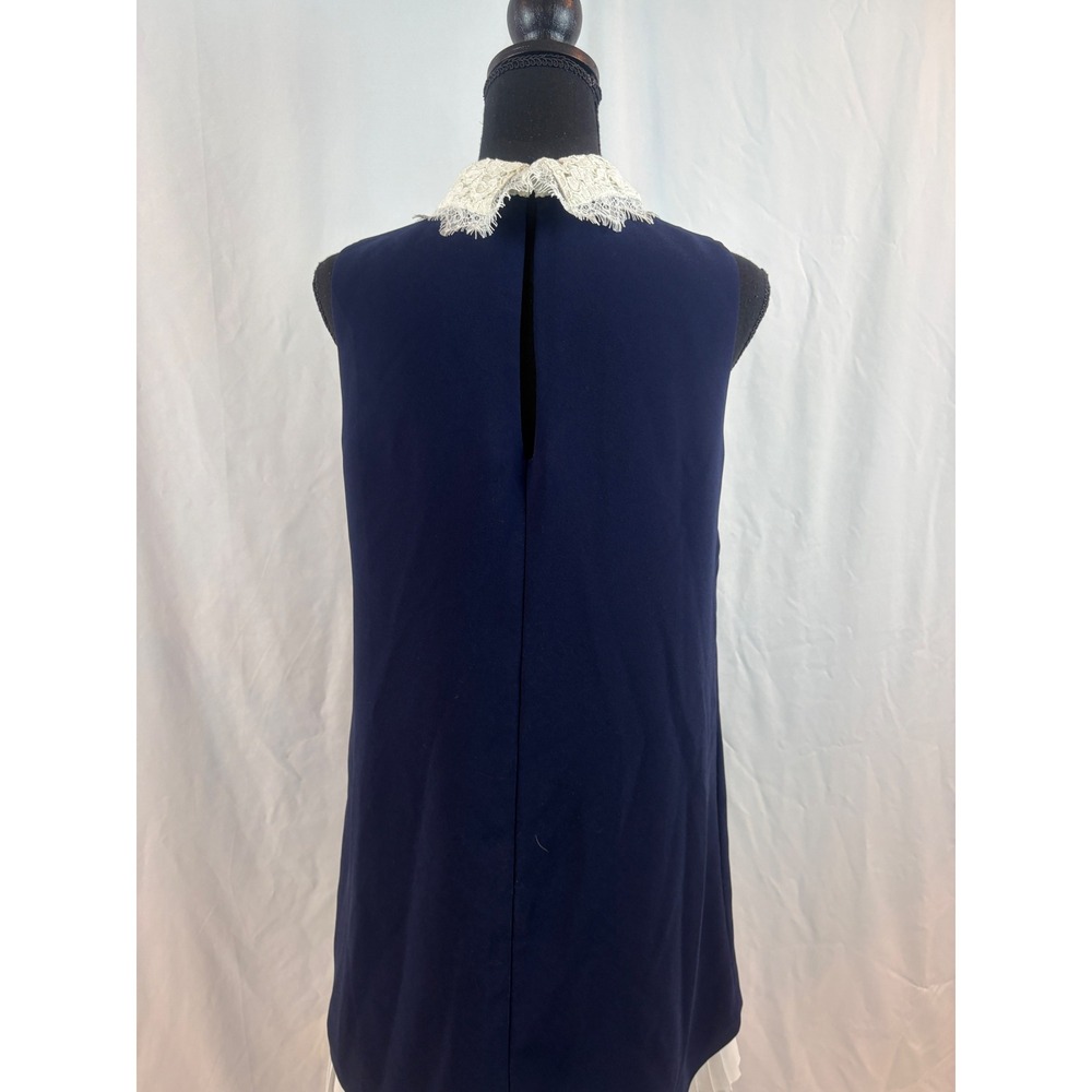 Nanette Lepore Navy Blue Shift Dress Lace Collar Pleated Hem Sleeveless Size 6 - Picture 12 of 14